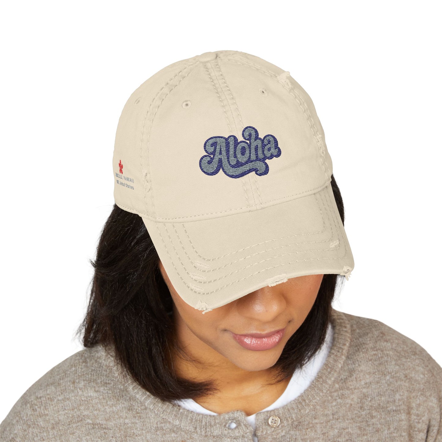 Mili Mili Distressed Aloha  Hat - Relaxed Casual Cap for Summer, Embroidered Hat for Beach Days