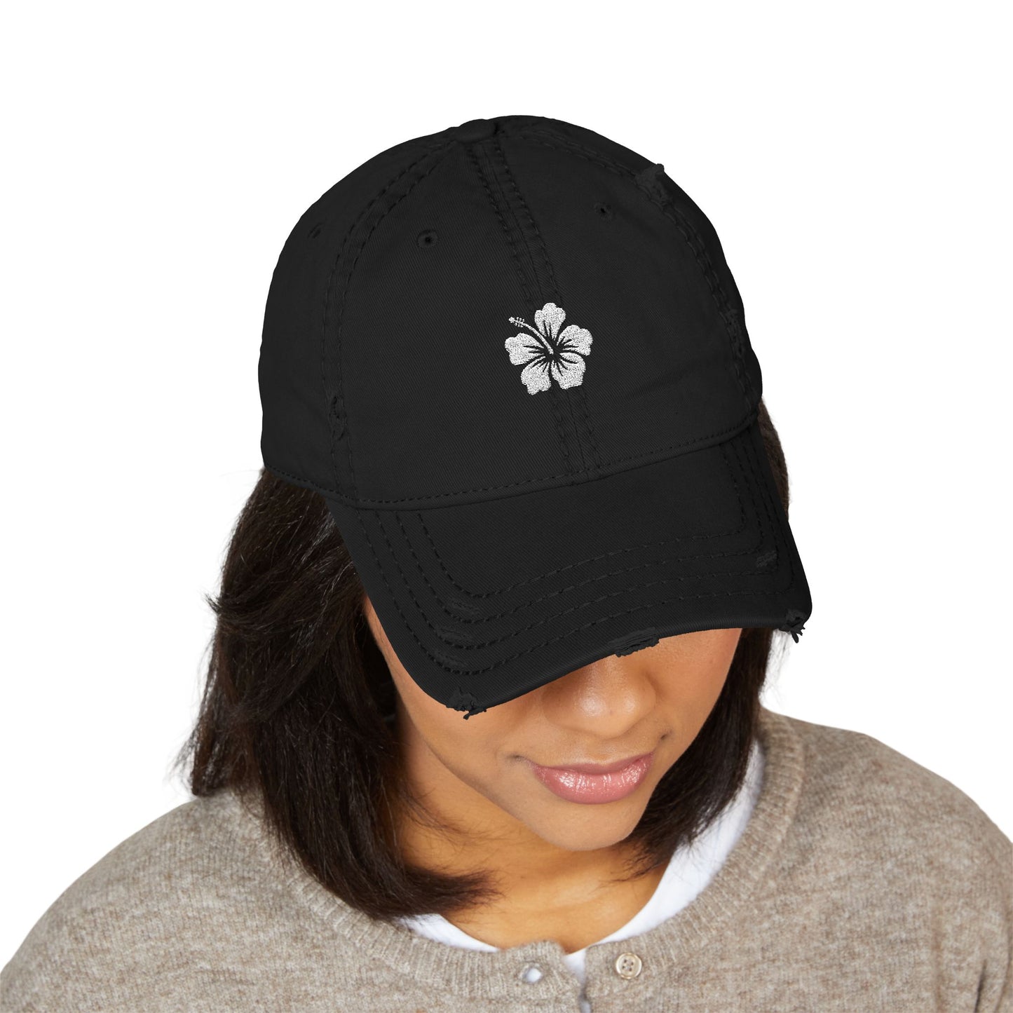Hibiscus Distressed Floral Hat - Relaxed Casual Cap for Summer, Embroidered Hat for Beach Days,
