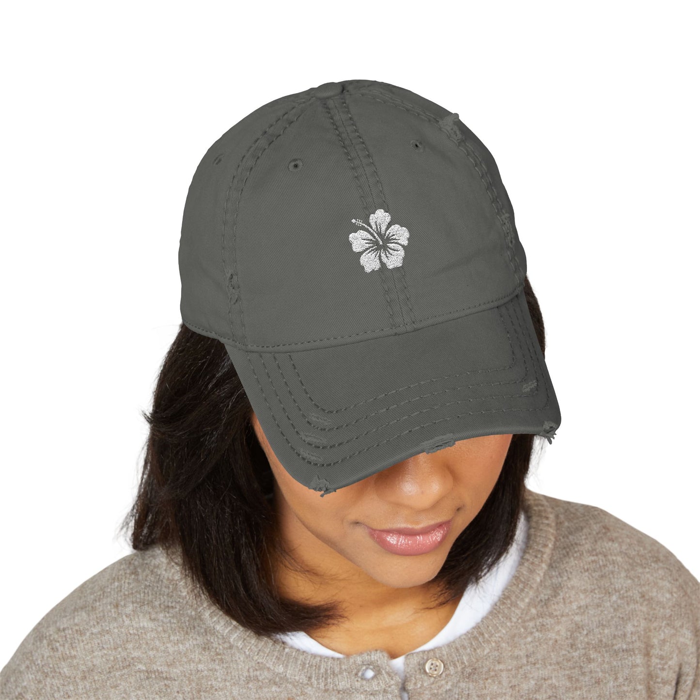 Hibiscus Distressed Floral Hat - Relaxed Casual Cap for Summer, Embroidered Hat for Beach Days,