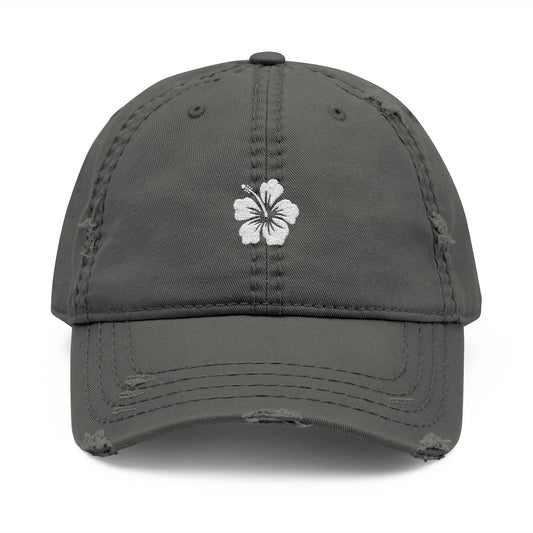 Hibiscus Distressed Floral Hat - Relaxed Casual Cap for Summer, Embroidered Hat for Beach Days,