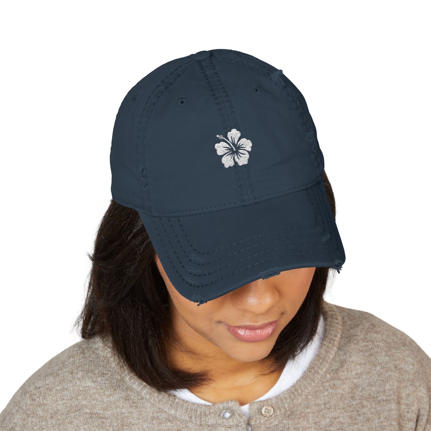 Hibiscus Distressed Floral Hat - Relaxed Casual Cap for Summer, Embroidered Hat for Beach Days,